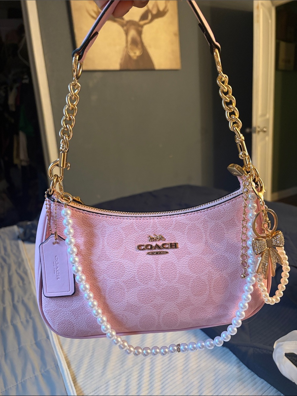COACH Pink Pearl-Accented Shoulder Bag with Gold Hardware